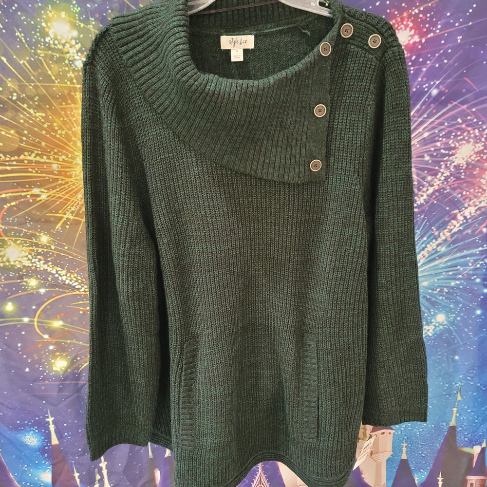 Style & Co. Dark Green Button-Shoulder Knit Sweater
